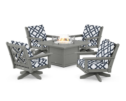 POLYWOOD® Chippendale 5-Piece Deep Seating Swivel Conversation Set with Fire Pit Table in Slate Grey / Trellis Marine Indigo