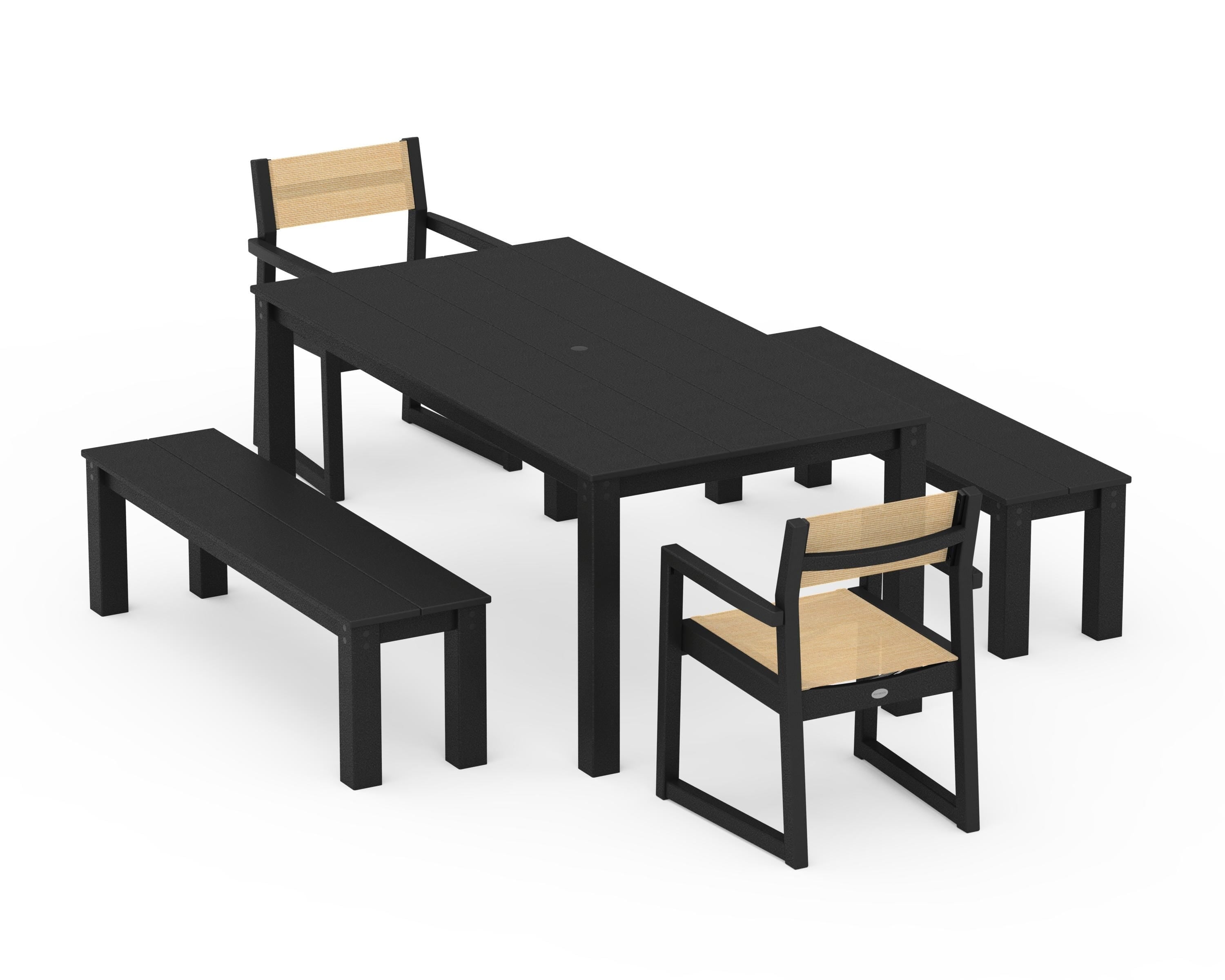 POLYWOOD® EDGE Sling Arm Chair 5-Piece Parsons Dining Set with Benches in Black / Dupioni Apricot Sling