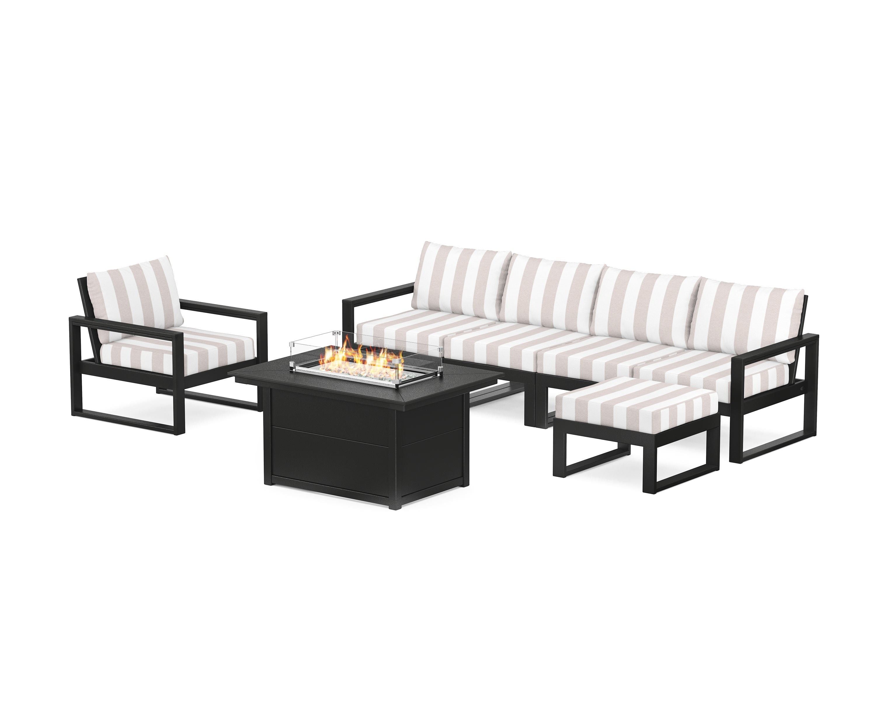POLYWOOD® EDGE Sectional Lounge and Fire Pit Set in Black / Cabana Stripe Dune Burlap