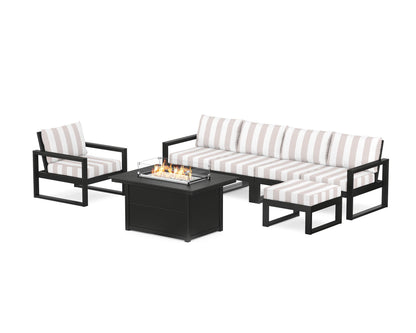 POLYWOOD® EDGE Sectional Lounge and Fire Pit Set in Black / Cabana Stripe Dune Burlap