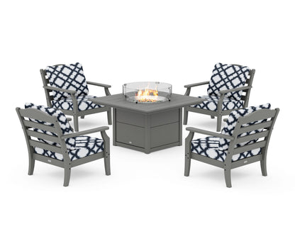 Draper James™ by  POLYWOOD® Savannah 5-Piece Deep Seating Set with Fire Pit Table in Slate Grey / Trellis Marine Indigo