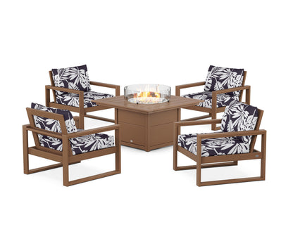 POLYWOOD® EDGE Sectional 5-Piece Deep Seating Set with Fire Pit Table in Teak / Leaf Navy