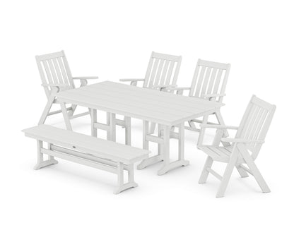 POLYWOOD® Vineyard Folding Chair 6-Piece Farmhouse Dining Set with Bench in White