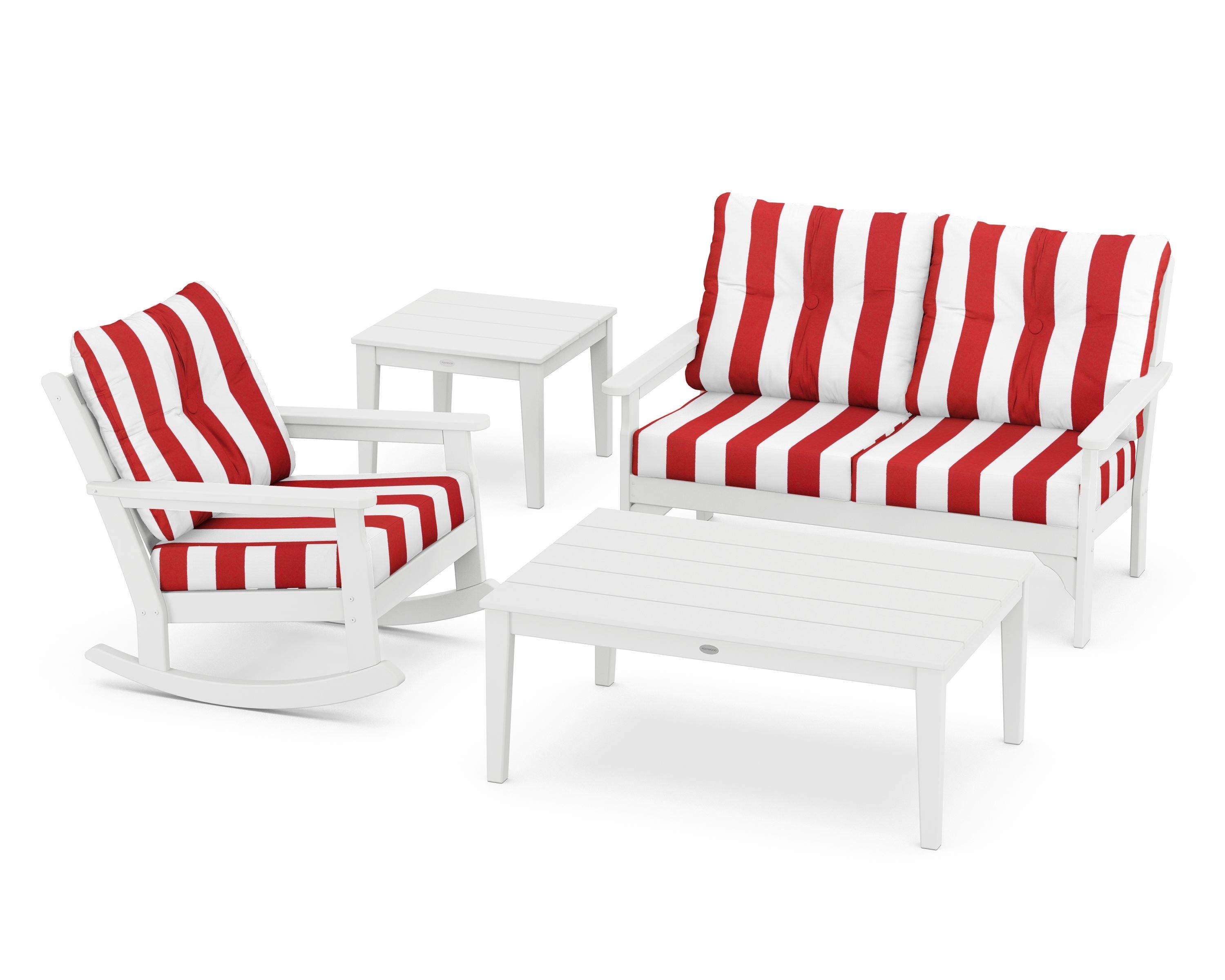 POLYWOOD® Vineyard 4-Piece Deep Seating Rocker Set in White / Cabana Stripe Crimson