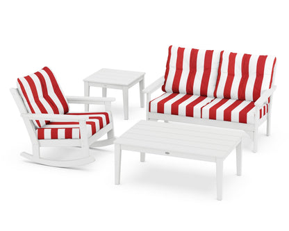POLYWOOD® Vineyard 4-Piece Deep Seating Rocker Set in White / Cabana Stripe Crimson