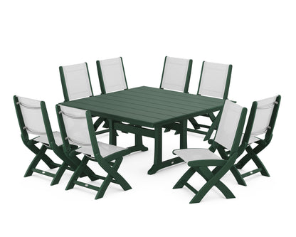 POLYWOOD® Coastal Folding Side Chair 9-Piece Farmhouse Dining Set in Green / White Sling
