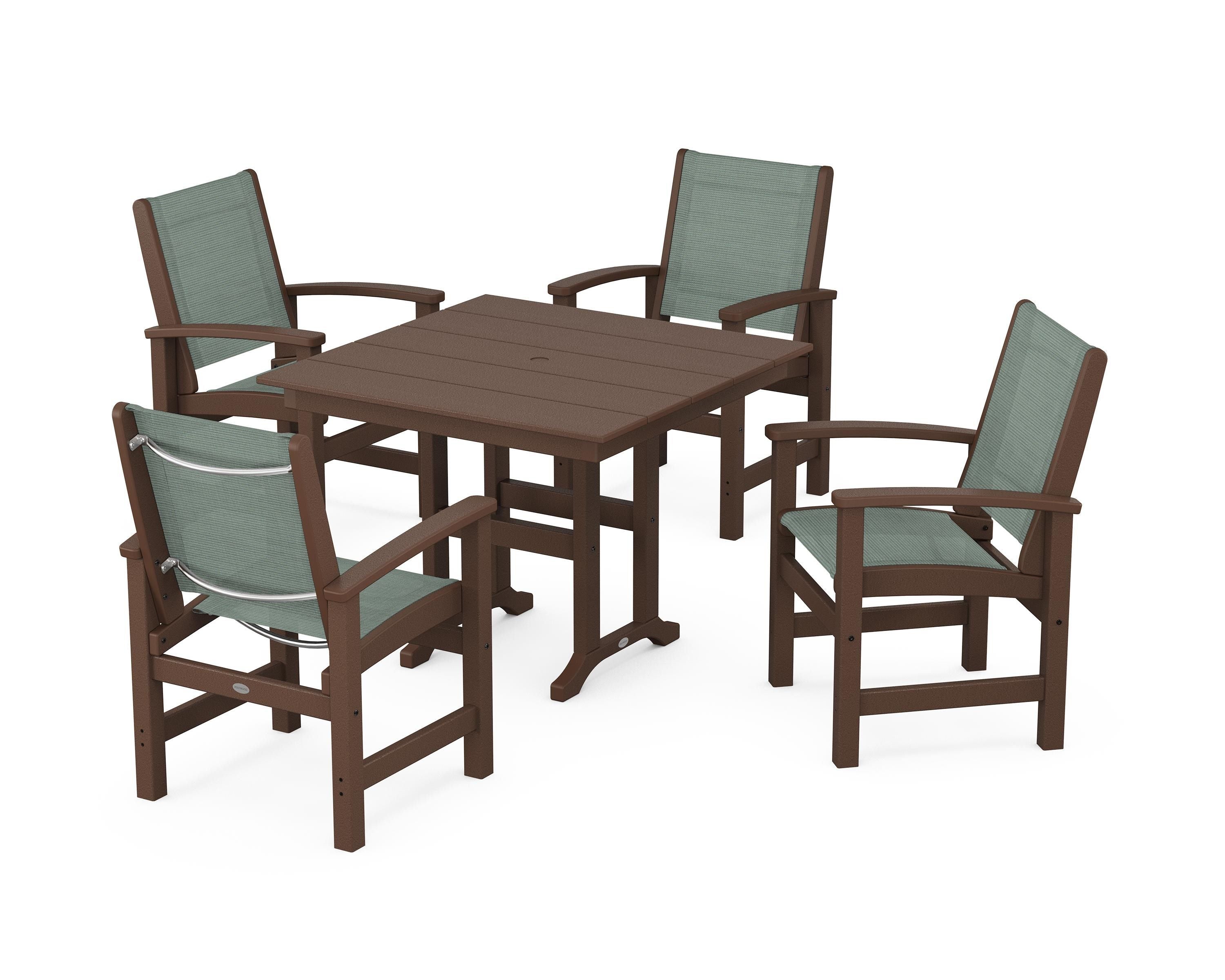 POLYWOOD® Coastal 5-Piece Farmhouse Dining Set in Mahogany / Dupioni Sea Mist Sling