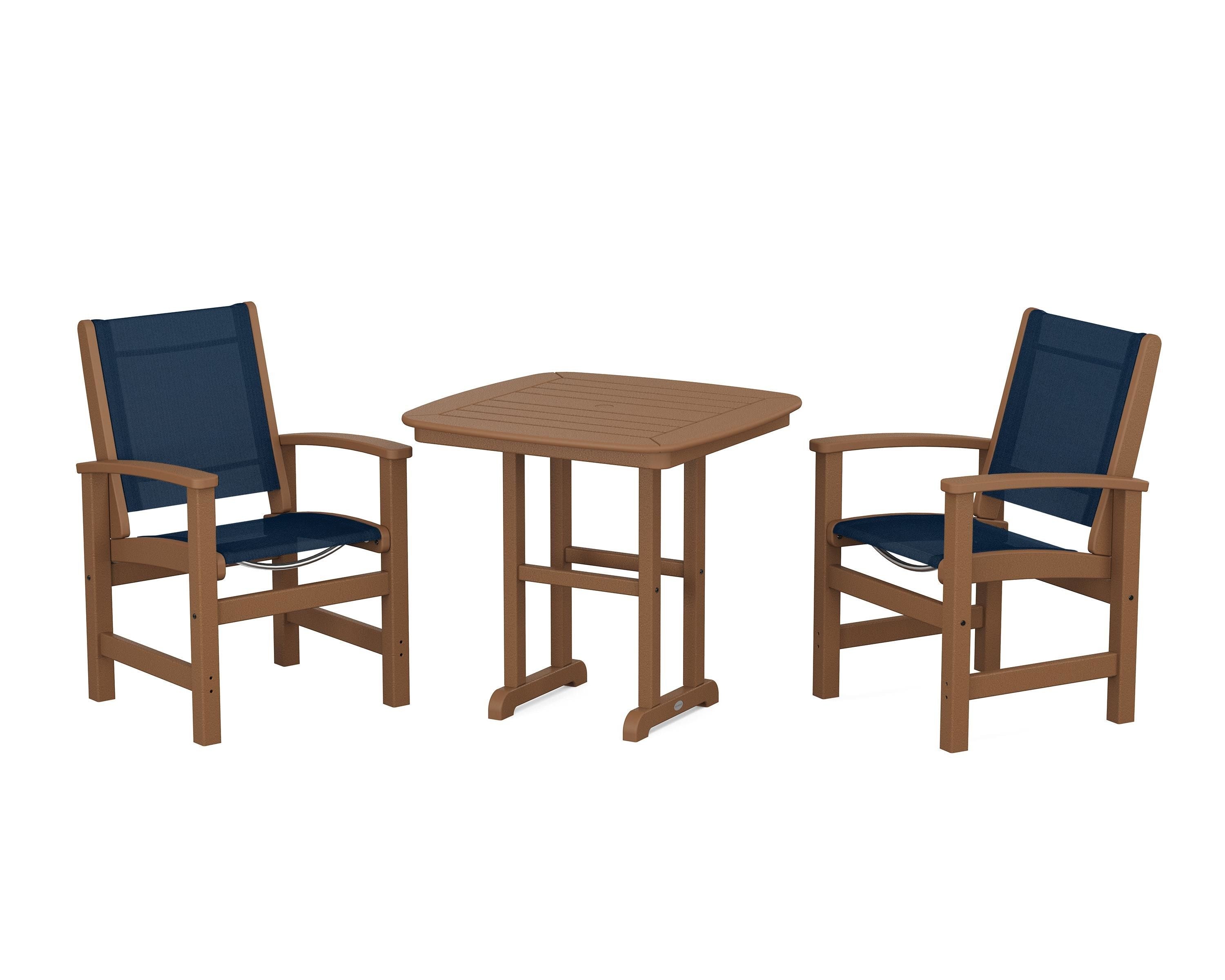 POLYWOOD® Coastal 3-Piece Dining Set in Teak / Navy Blue Sling