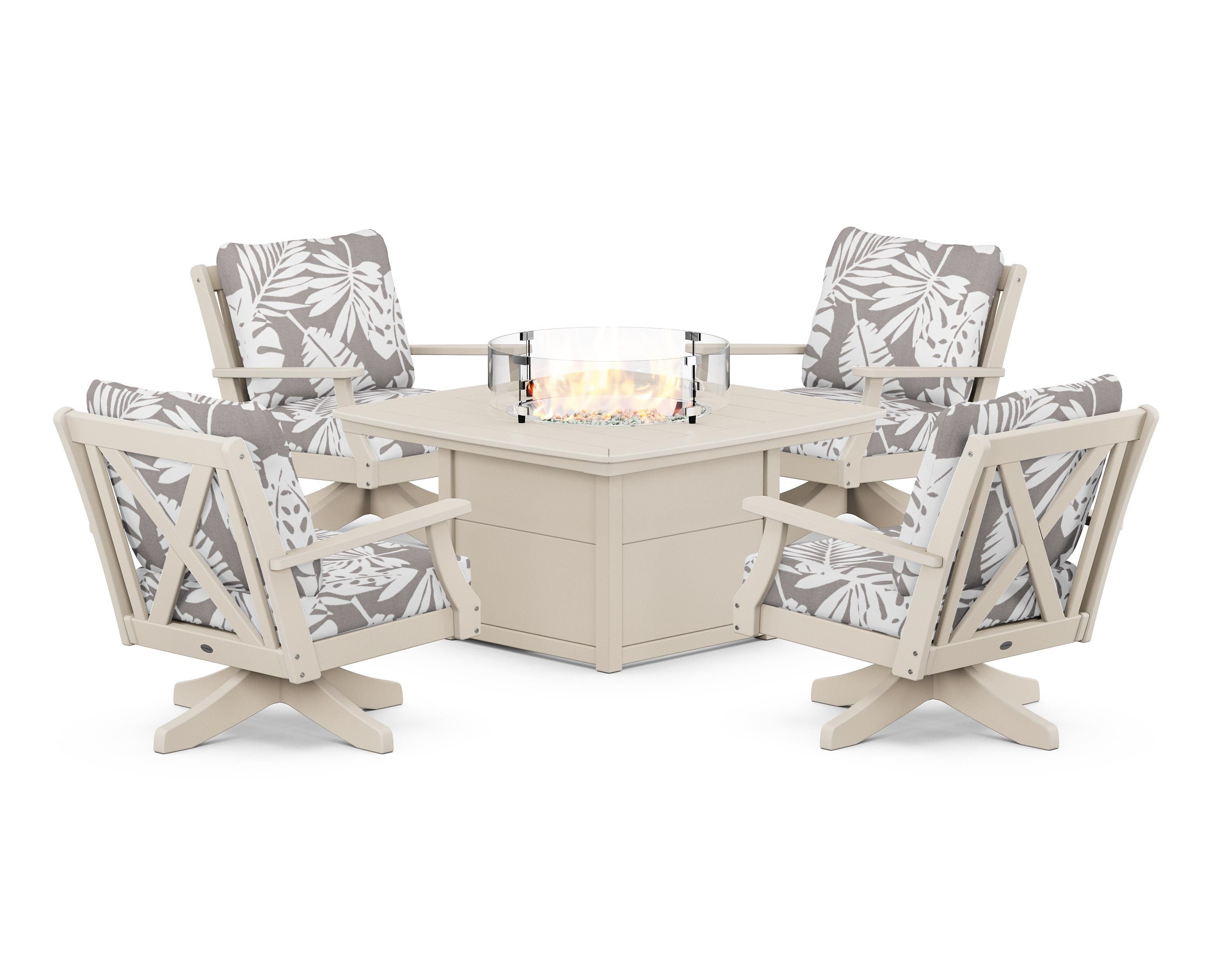 POLYWOOD® Braxton 5-Piece Deep Seating Swivel Conversation Set with Fire Pit Table in Sand / Leaf Grey Mist