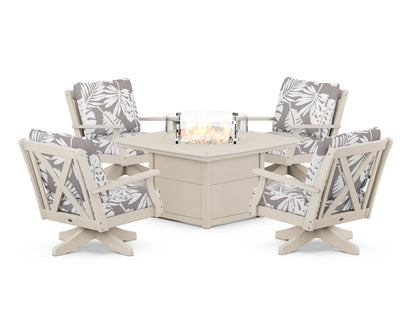 POLYWOOD® Braxton 5-Piece Deep Seating Swivel Conversation Set with Fire Pit Table in Sand / Leaf Grey Mist