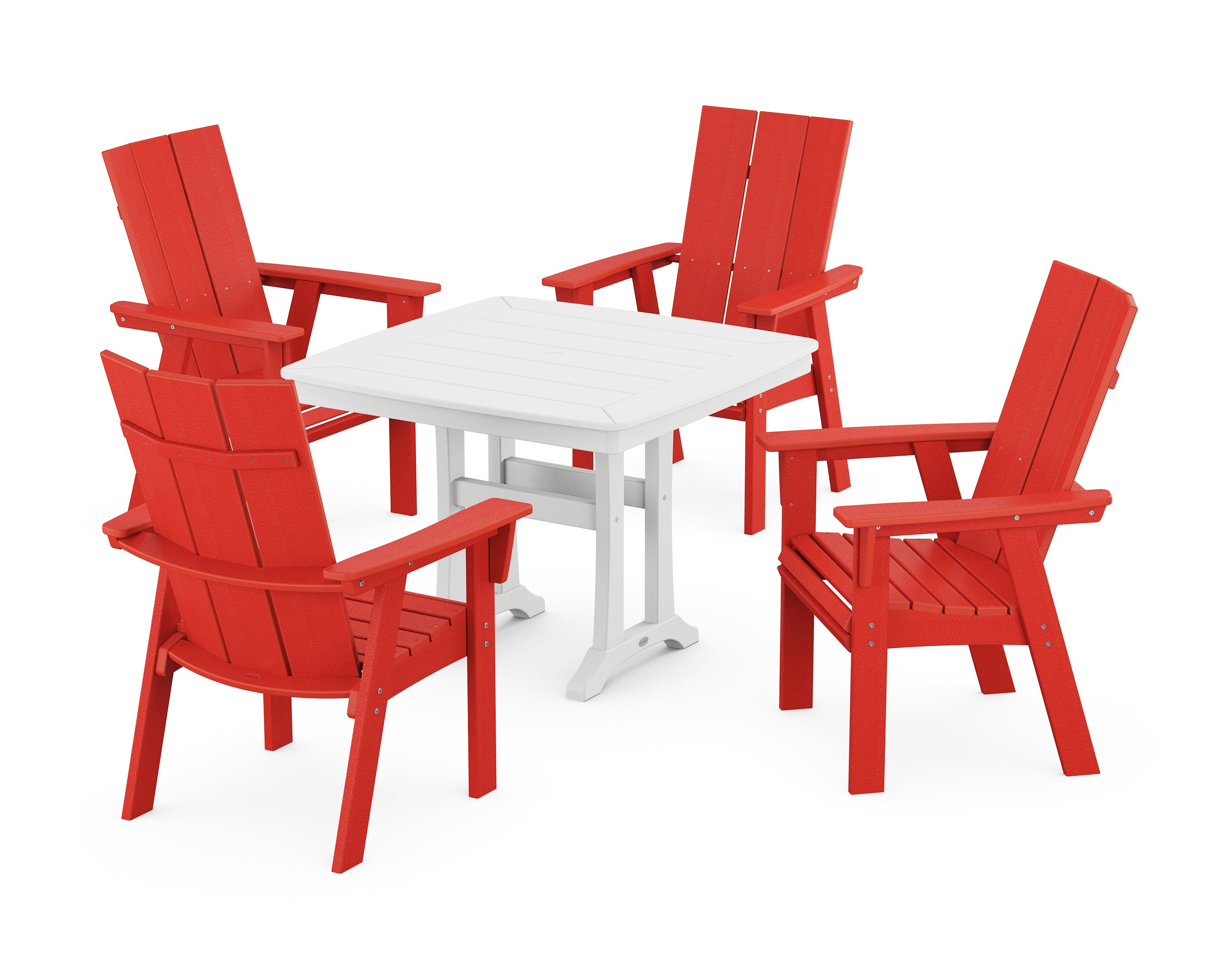 POLYWOOD® Modern Adirondack 5-Piece Dining Set with Trestle Legs in Sunset Red / White