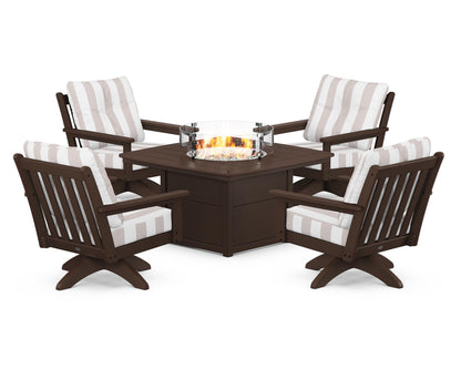 POLYWOOD® Vineyard 5-Piece Deep Seating Swivel Conversation Set with Fire Pit Table in Mahogany / Cabana Stripe Dune Burlap
