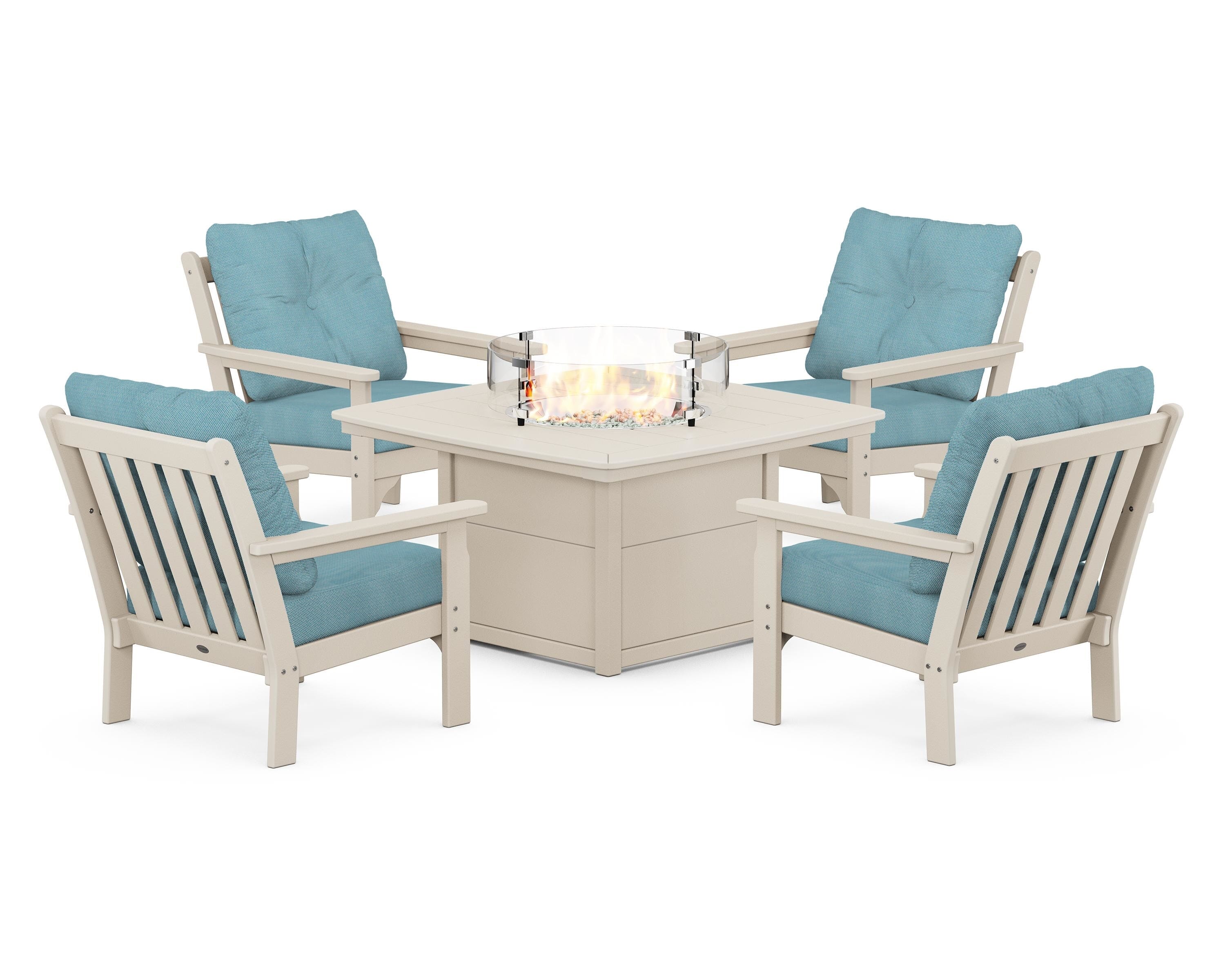 POLYWOOD® Vineyard 5-Piece Conversation Set with Fire Pit Table in Sand / Lattice Sky Blue