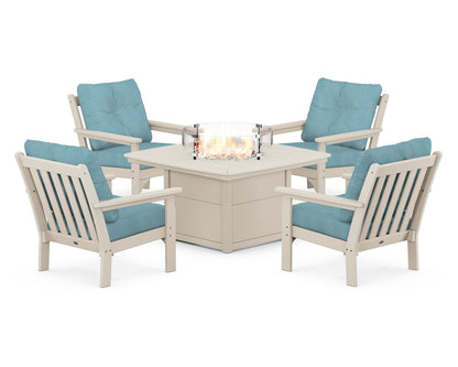 POLYWOOD® Vineyard 5-Piece Conversation Set with Fire Pit Table in Sand / Lattice Sky Blue