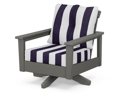 POLYWOOD® Prescott Deep Seating Swivel Chair in Slate Grey / Cabana Stripe Navy