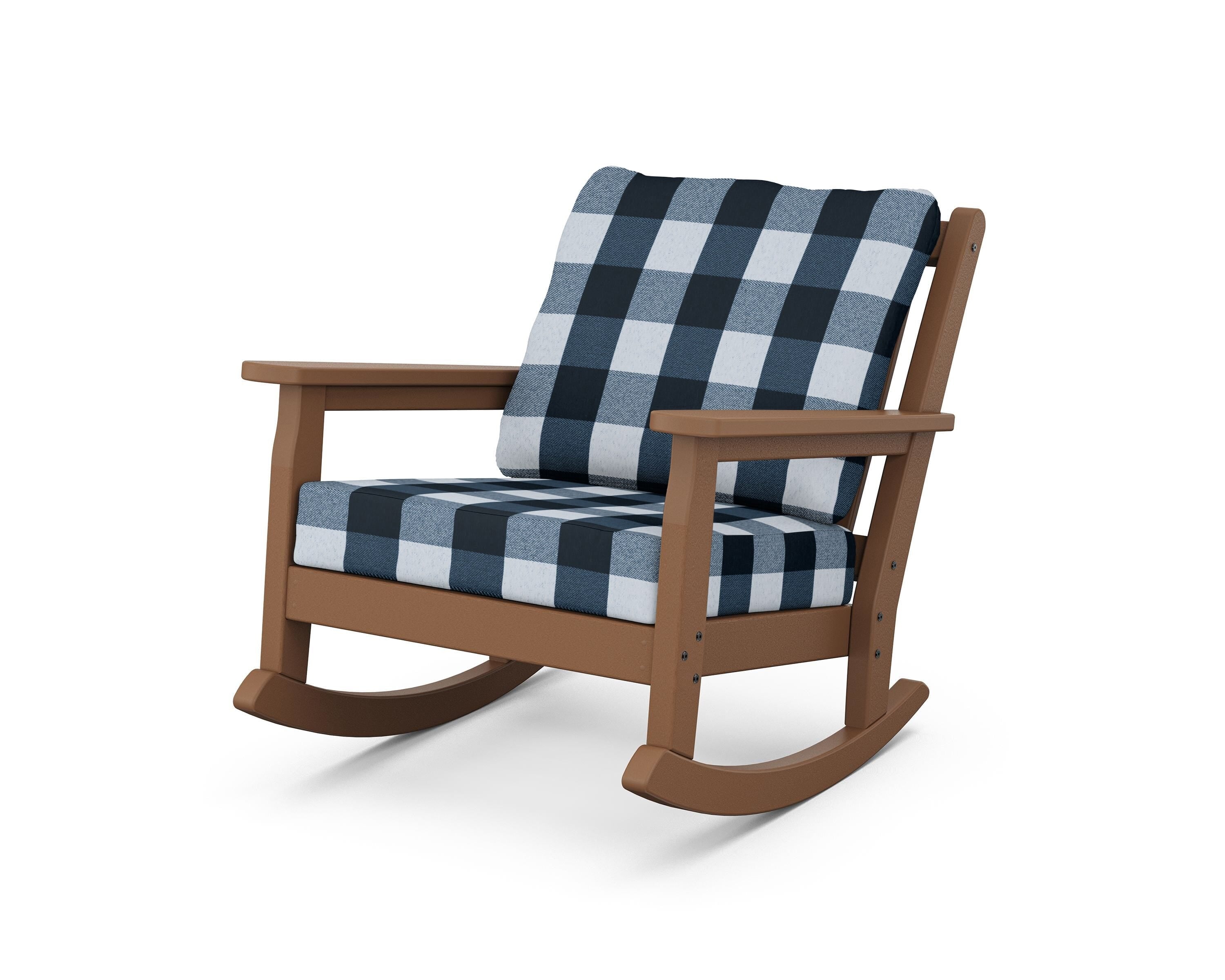 POLYWOOD® Chippendale Deep Seating Rocking Chair in Teak / Buffalo Plaid Marine Indigo