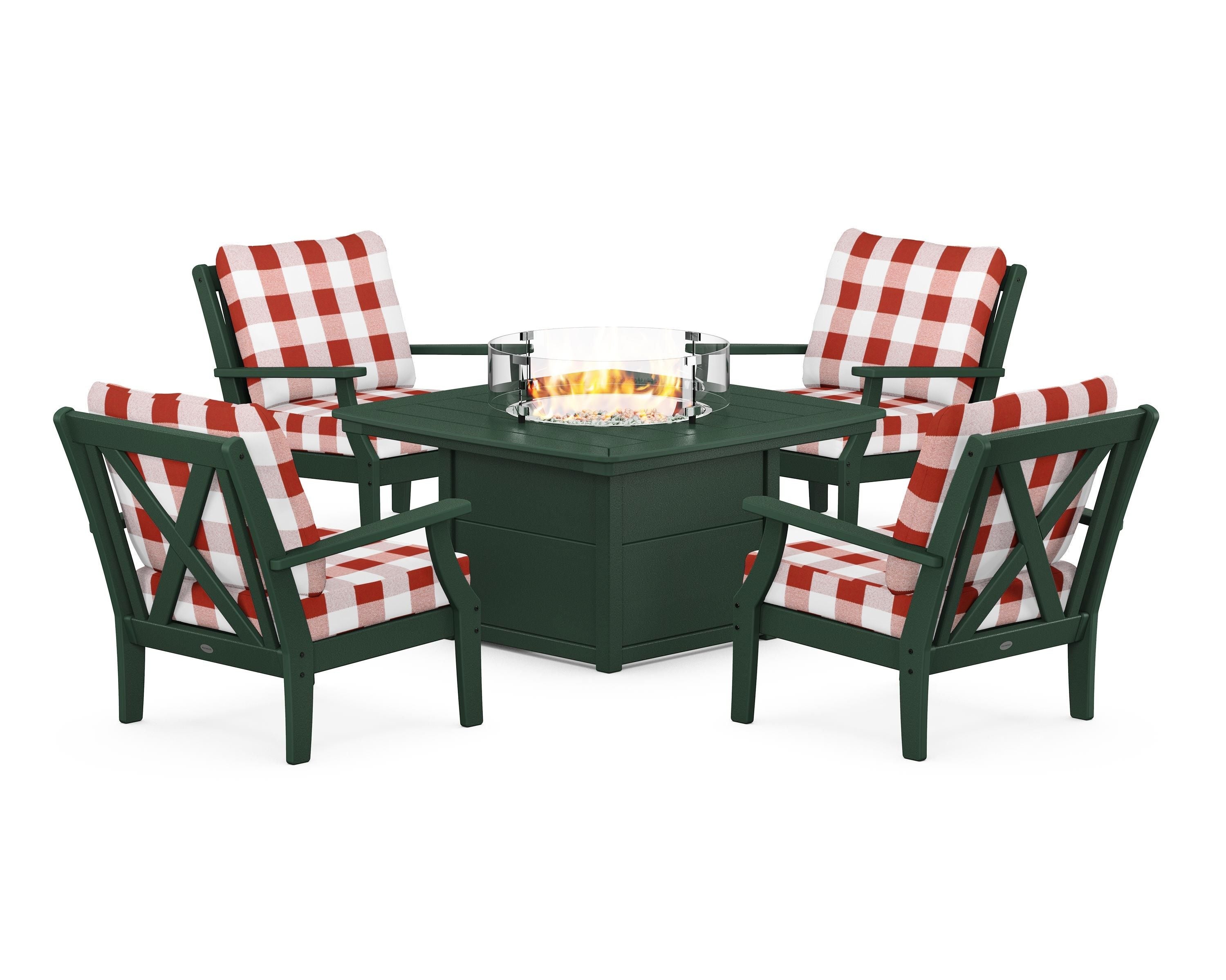 POLYWOOD® Braxton 5-Piece Deep Seating Conversation Set with Fire Pit Table in Green / Buffalo Plaid Crimson
