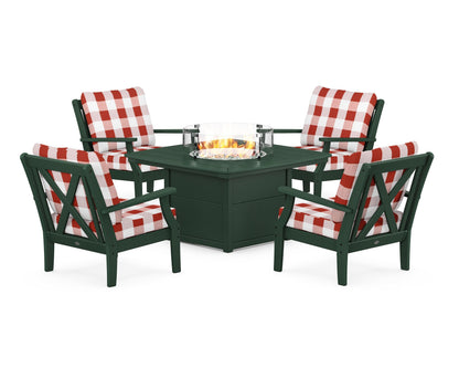 POLYWOOD® Braxton 5-Piece Deep Seating Conversation Set with Fire Pit Table in Green / Buffalo Plaid Crimson