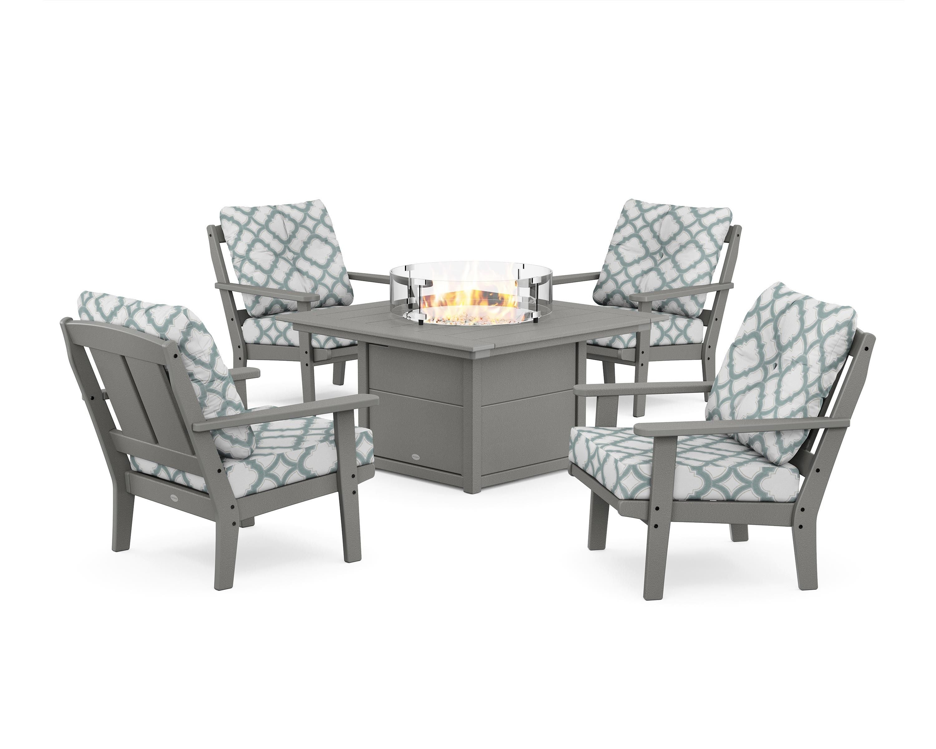 POLYWOOD® Mission 5-Piece Deep Seating Set with Fire Pit Table in Slate Grey / Trellis Glacier Spa
