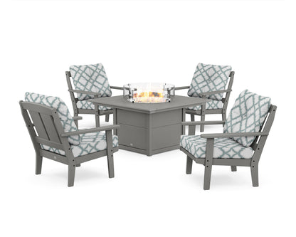 POLYWOOD® Mission 5-Piece Deep Seating Set with Fire Pit Table in Slate Grey / Trellis Glacier Spa