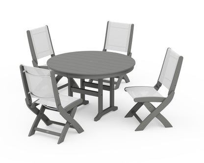 POLYWOOD® Coastal Folding Side Chair 5-Piece Round Dining Set in Slate Grey / White Sling