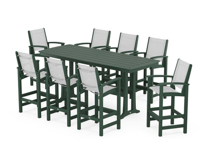 POLYWOOD® Coastal 9-Piece Bar Set with Trestle Legs in Green / White Sling
