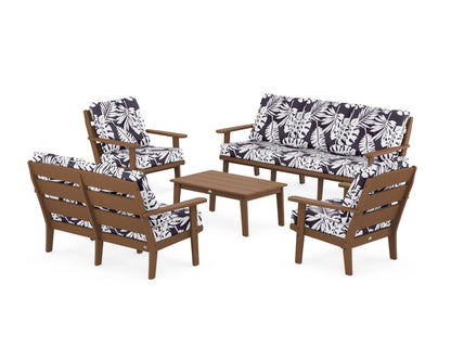 POLYWOOD® Lakeside 5-Piece Lounge Sofa Set in Teak / Leaf Navy