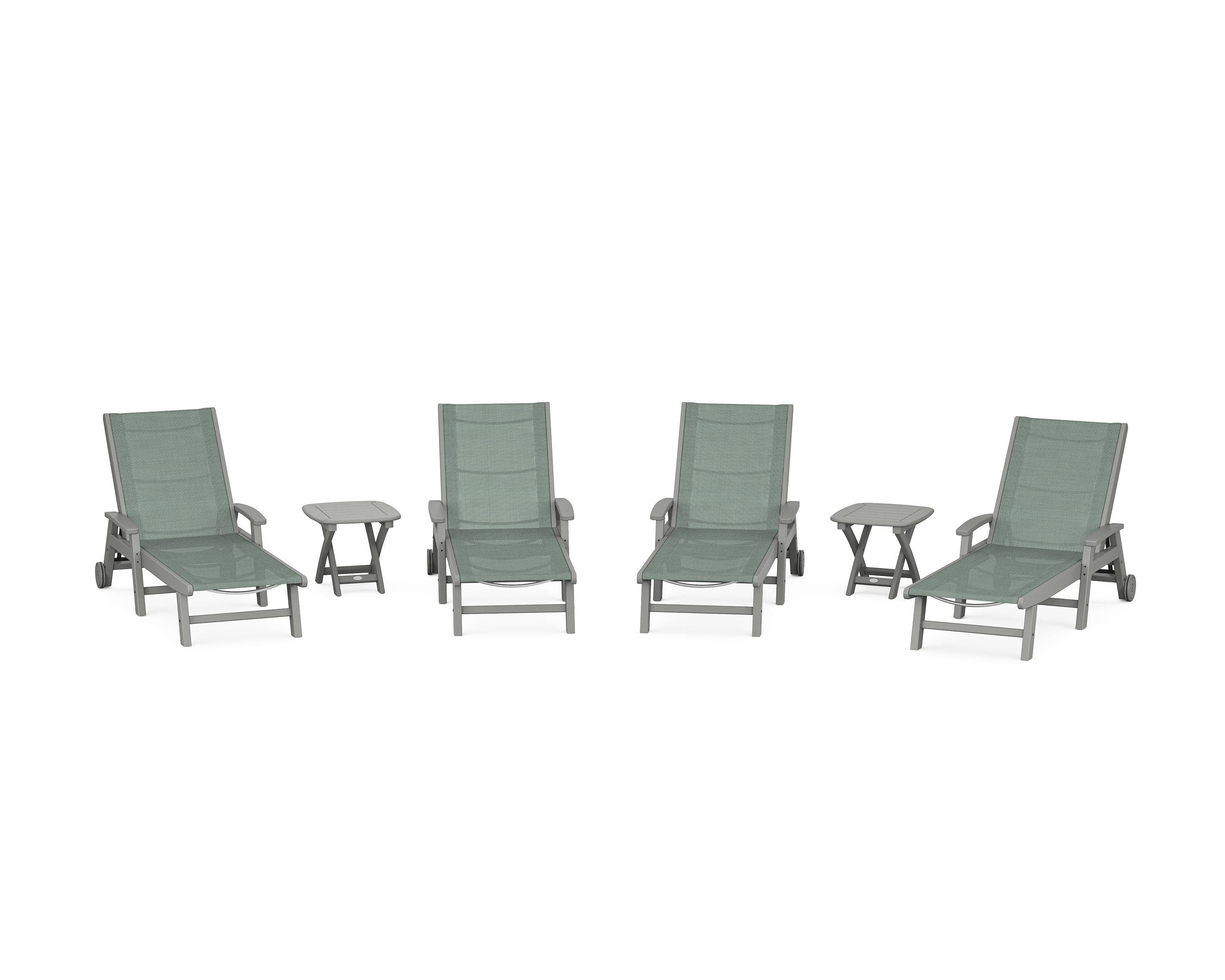 POLYWOOD® Coastal Chaise 6-Piece Set with Wheels in Slate Grey / Dupioni Sea Mist Sling