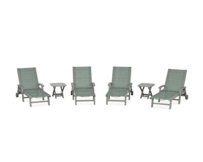 POLYWOOD® Coastal Chaise 6-Piece Set with Wheels in Slate Grey / Dupioni Sea Mist Sling