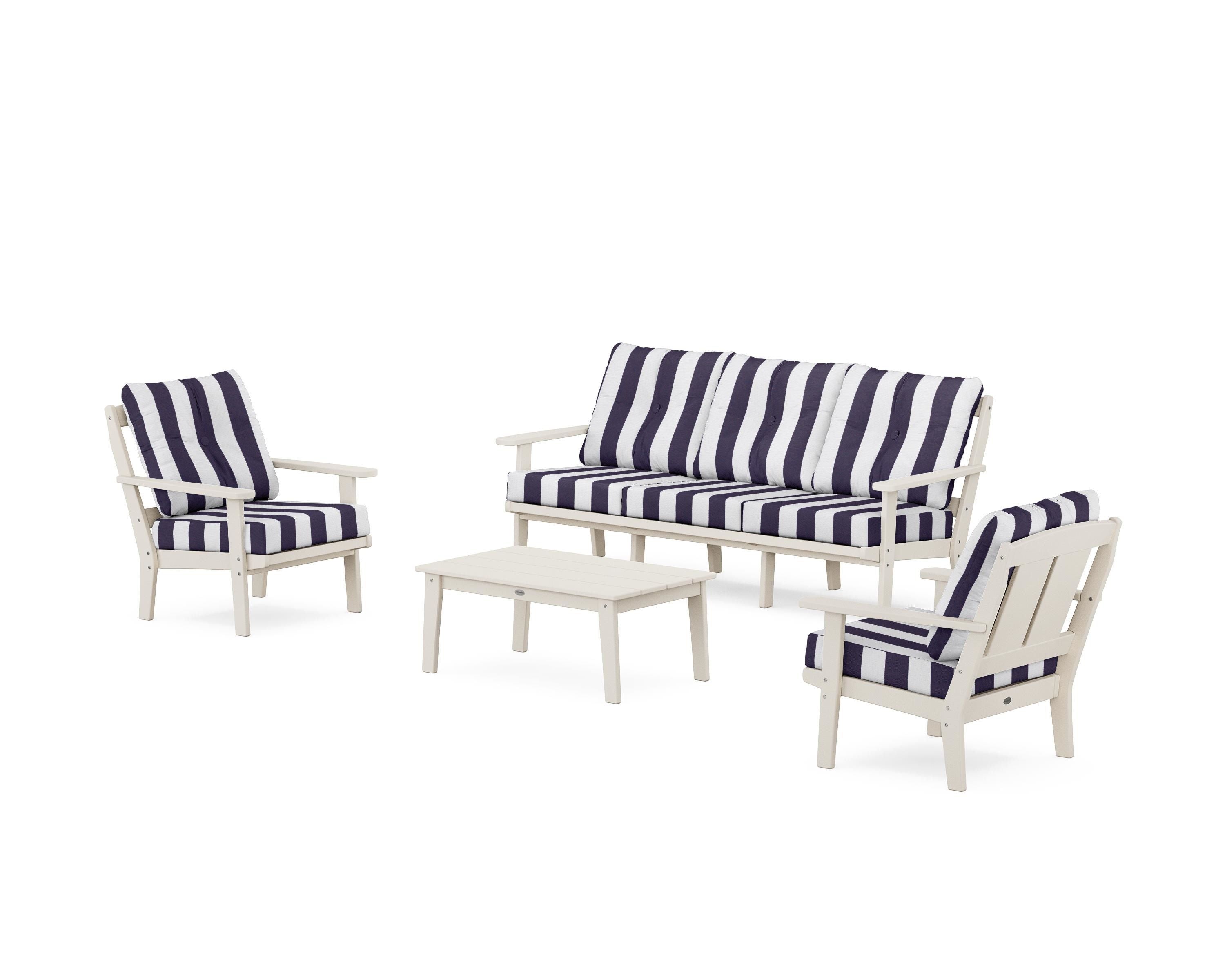 POLYWOOD® Mission 4-Piece Deep Seating Set with Sofa in Sand / Cabana Stripe Navy
