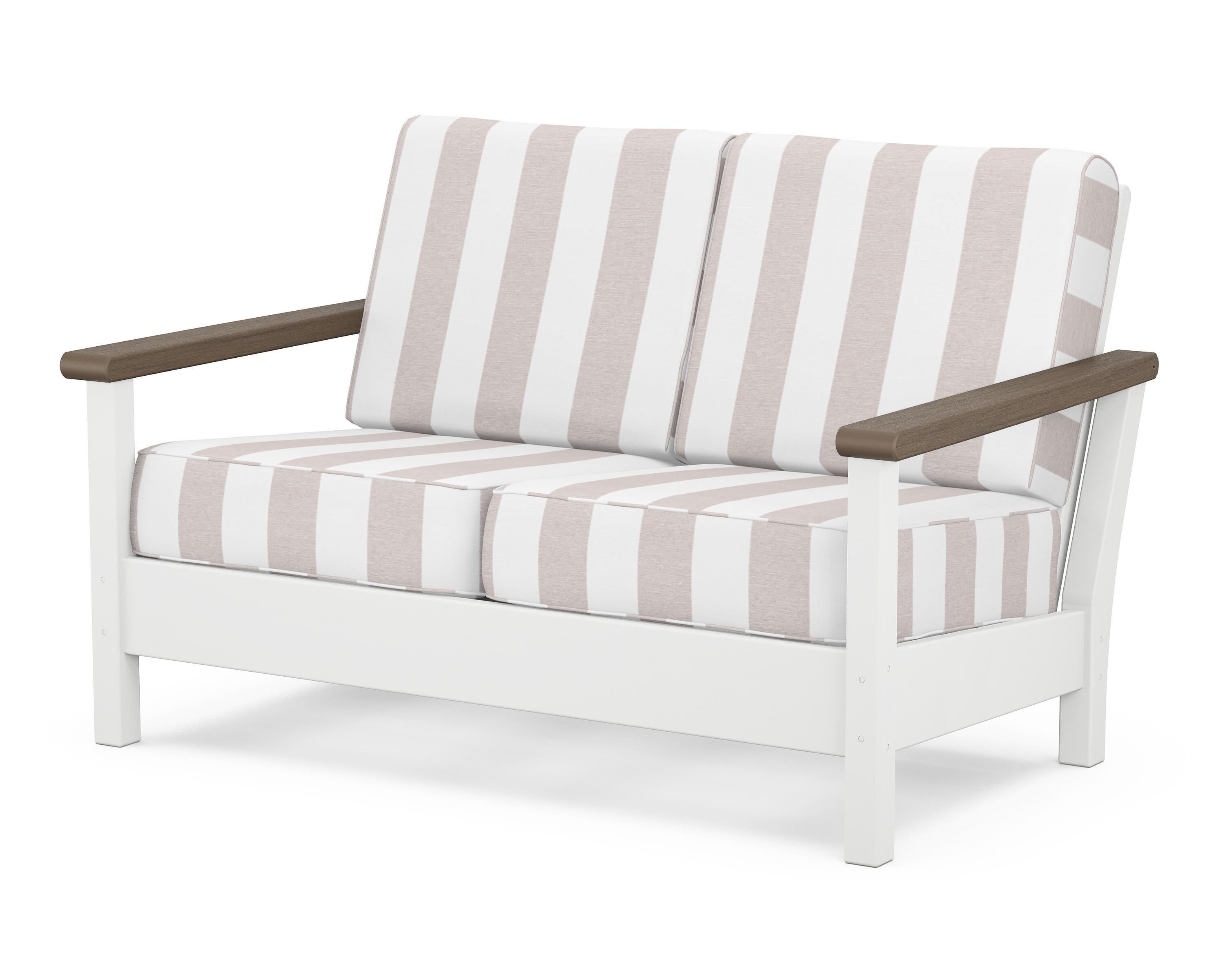 POLYWOOD® Harbour Deep Seating Loveseat in White / Kona / Cabana Stripe Dune Burlap
