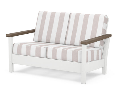 POLYWOOD® Harbour Deep Seating Loveseat in White / Kona / Cabana Stripe Dune Burlap