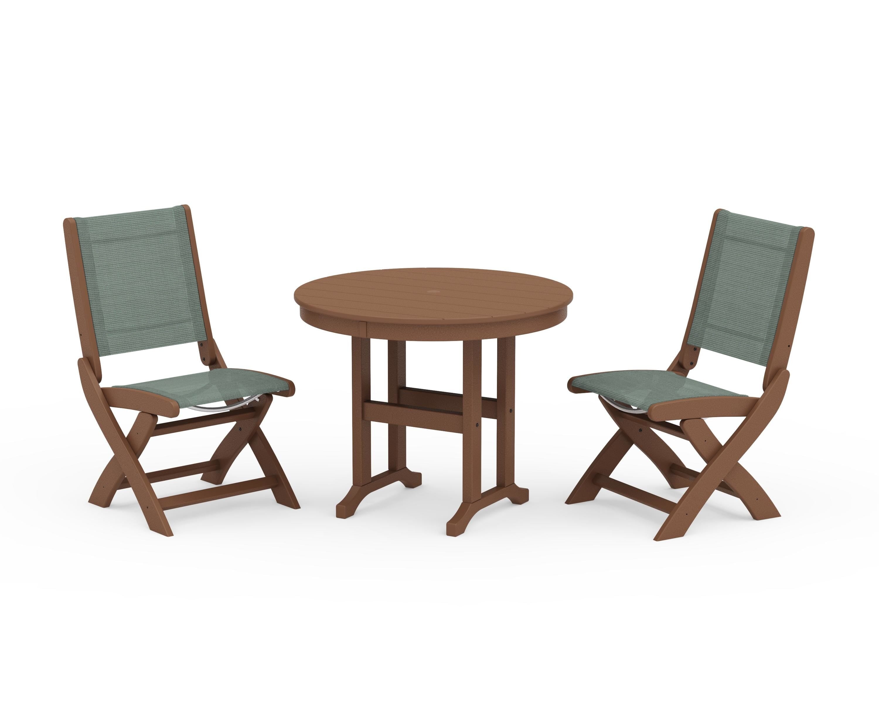 POLYWOOD® Coastal Folding Side Chair 3-Piece Round Dining Set in Teak / Dupioni Sea Mist Sling