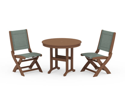 POLYWOOD® Coastal Folding Side Chair 3-Piece Round Dining Set in Teak / Dupioni Sea Mist Sling