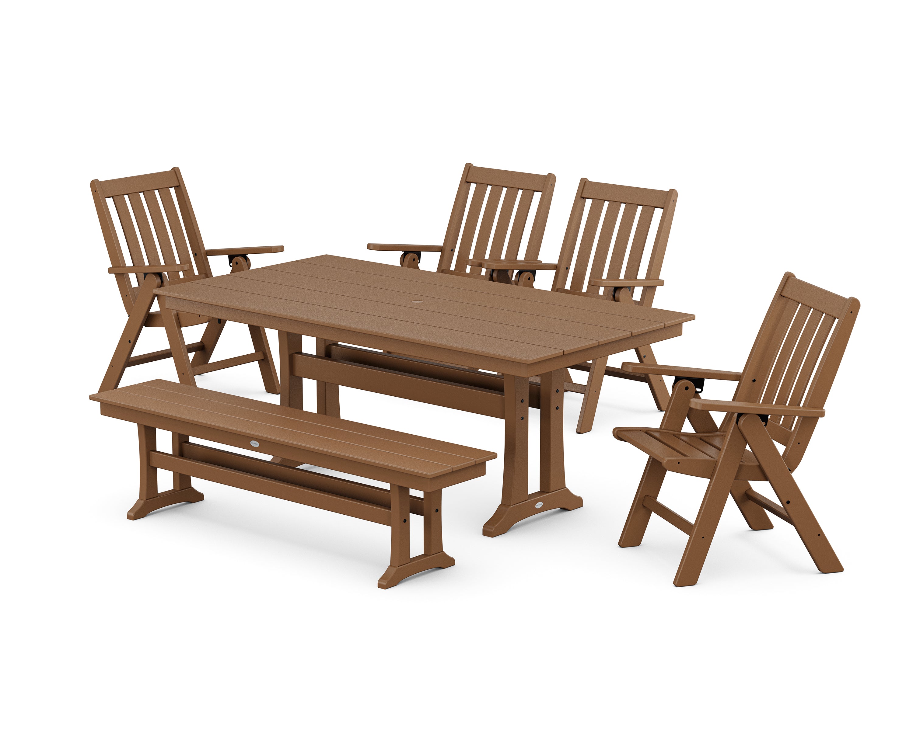 POLYWOOD® Vineyard 6-Piece Folding Chair Farmhouse Dining Set with Trestle Legs and Bench in Teak