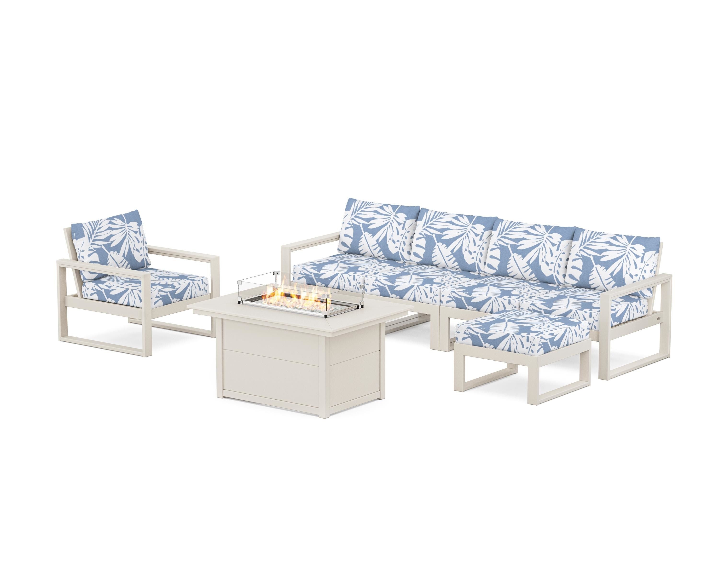 POLYWOOD® EDGE Sectional Lounge and Fire Pit Set in Sand / Leaf Sky Blue