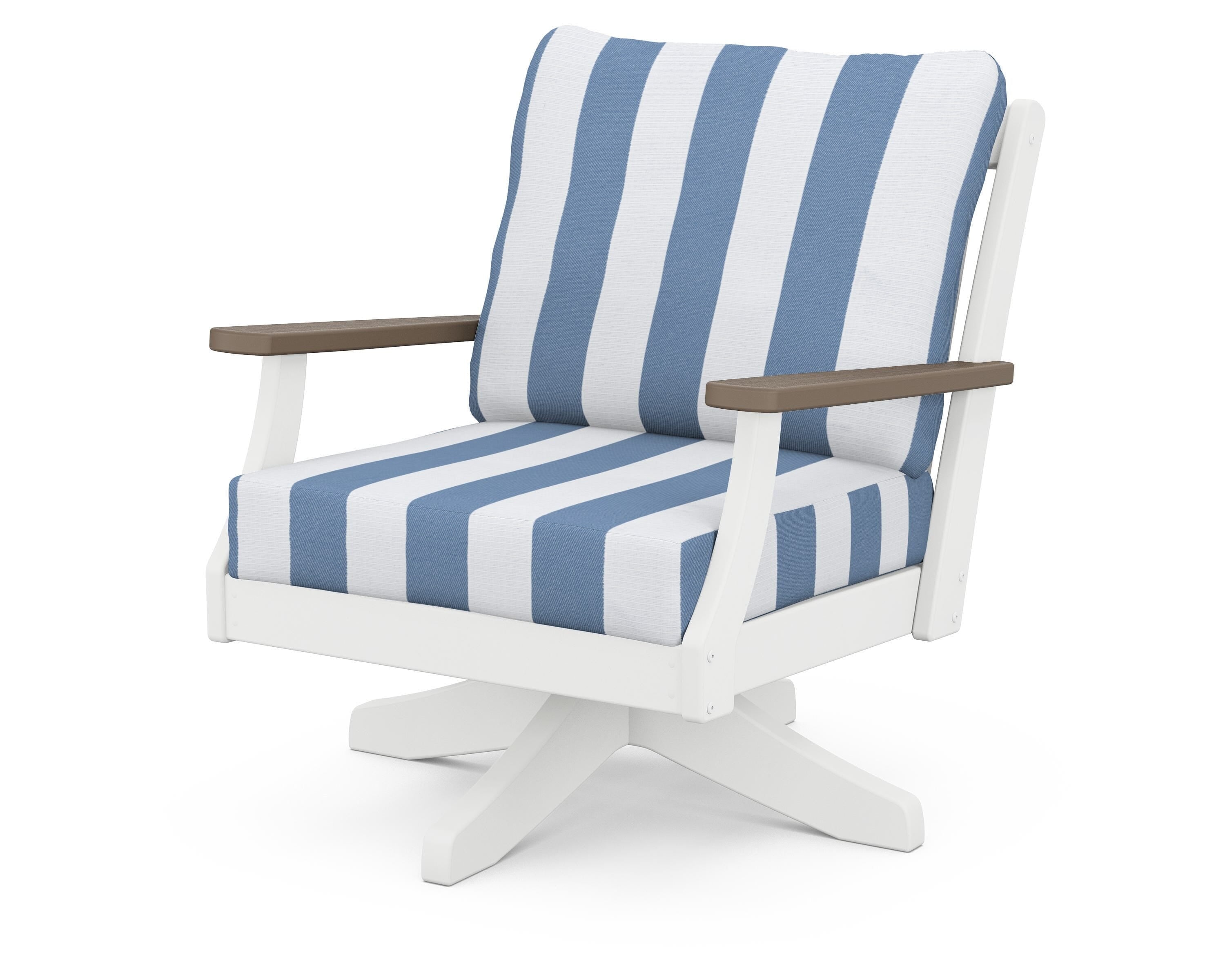 POLYWOOD® Braxton Deep Seating Swivel Chair in White / Kona / Cabana Stripe Sky Blue