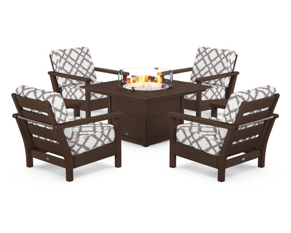 POLYWOOD® Harbour 5-Piece Conversation Set with Fire Pit Table in Mahogany / Trellis Grey Mist