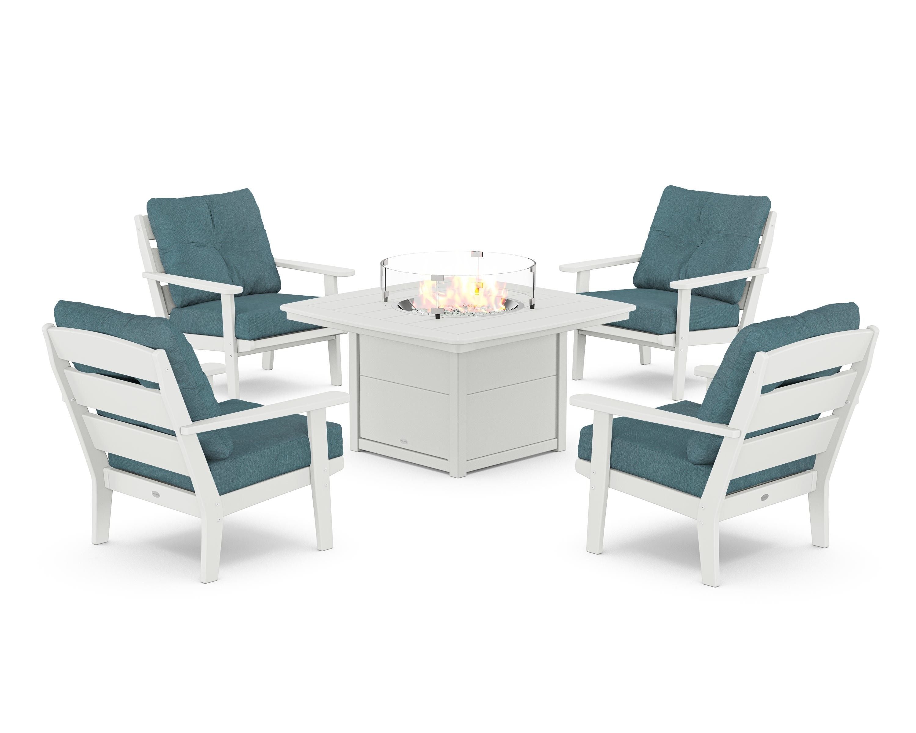 POLYWOOD® Lakeside 5-Piece Deep Seating Set with Nautical Fire Pit Table in White / Ocean Teal