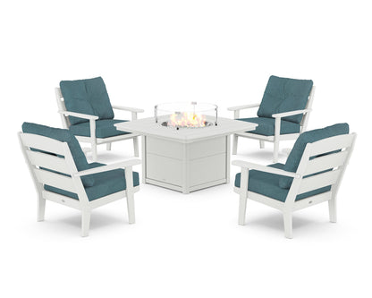 POLYWOOD® Lakeside 5-Piece Deep Seating Set with Nautical Fire Pit Table in White / Ocean Teal