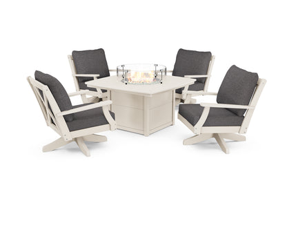 POLYWOOD® Braxton 5-Piece Deep Seating Swivel Conversation Set with Fire Pit Table in Sand / Ash Charcoal