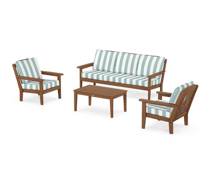 Country Living Cottage 4-Piece Deep Seating Set with Sofa in Teak / Cabana Stripe Glacier Spa