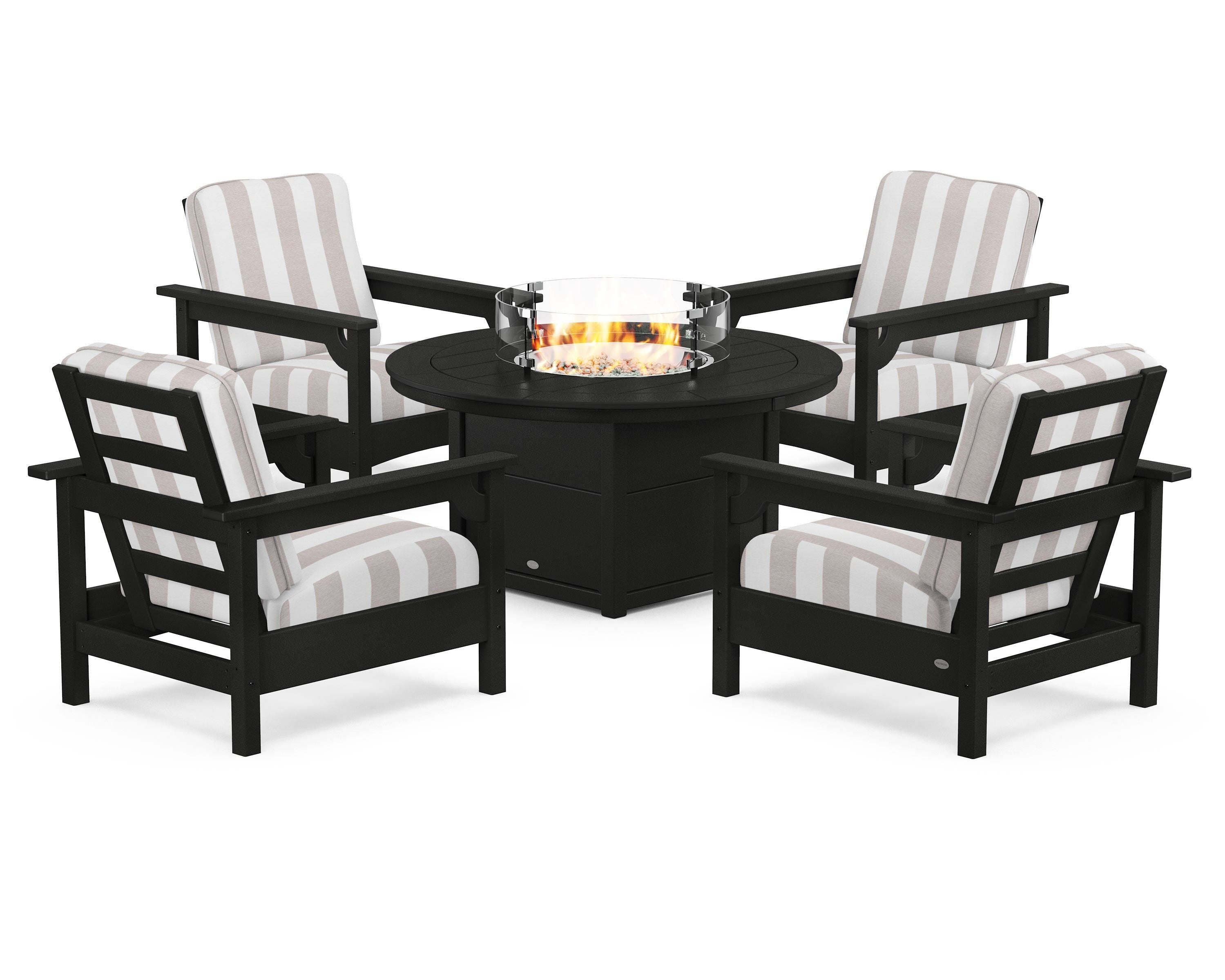 POLYWOOD® Club 5-Piece Conversation Set with Fire Pit Table in Black / Cabana Stripe Dune Burlap