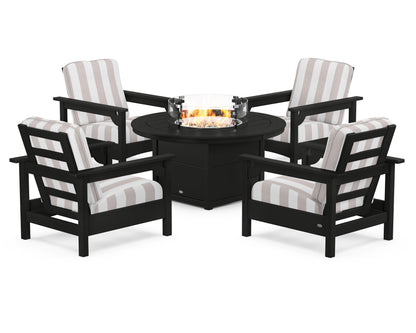 POLYWOOD® Club 5-Piece Conversation Set with Fire Pit Table in Black / Cabana Stripe Dune Burlap