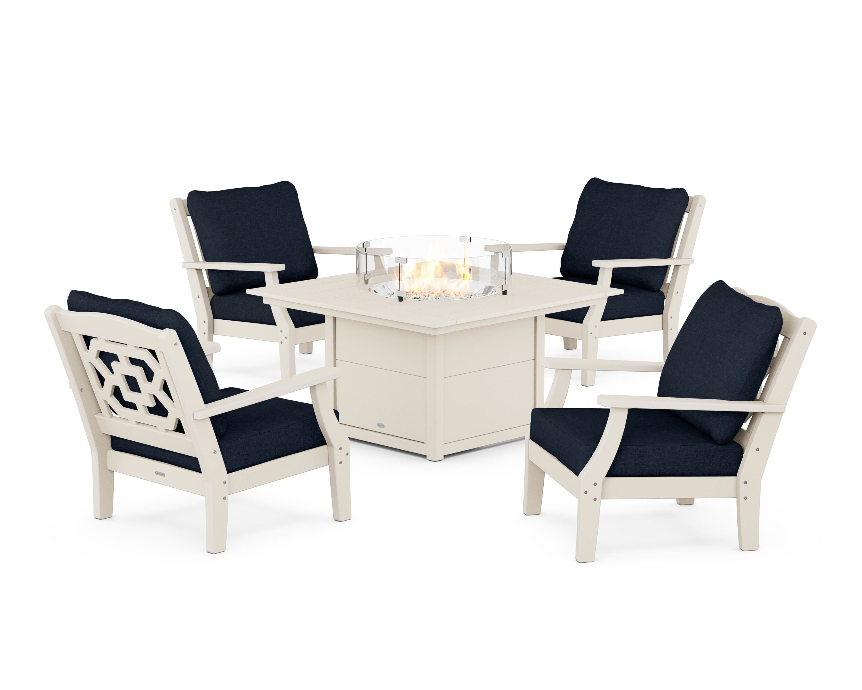 Martha Stewart by POLYWOOD® Chinoiserie 5-Piece Deep Seating Set with Fire Pit Table in Sand / Marine Indigo