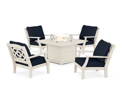 Martha Stewart by POLYWOOD® Chinoiserie 5-Piece Deep Seating Set with Fire Pit Table in Sand / Marine Indigo