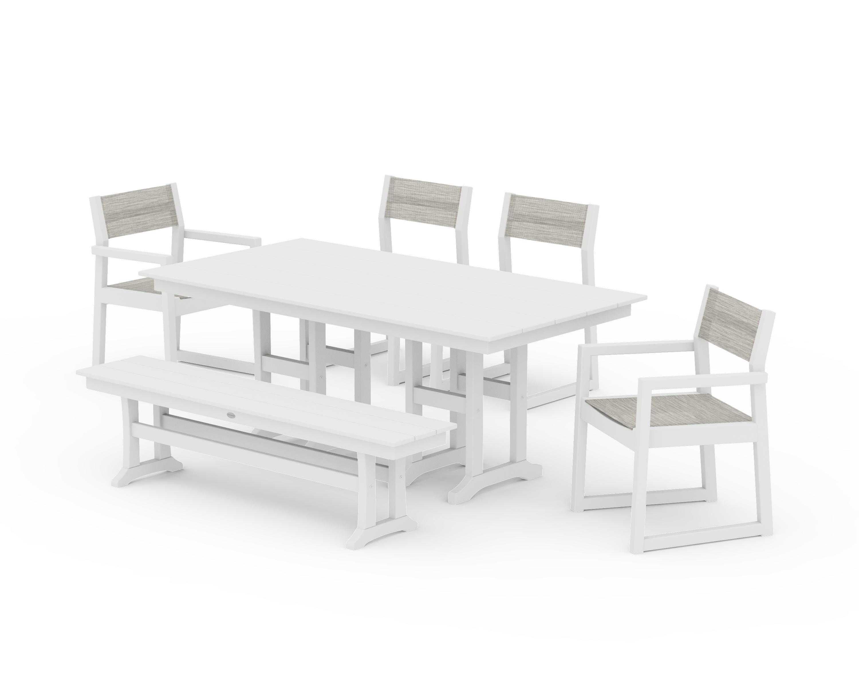 POLYWOOD® EDGE Sling 6-Piece Farmhouse Dining Set in White / Birch Sling