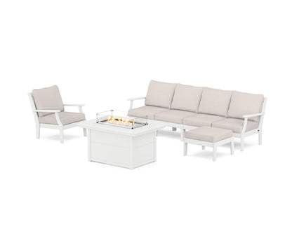 POLYWOOD® Braxton Sectional Lounge and Fire Pit Set in White / Dune Burlap