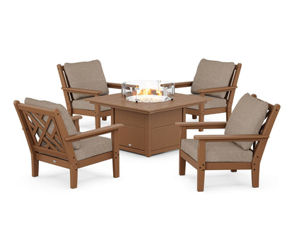 POLYWOOD® Chippendale 5-Piece Deep Seating Set with Fire Pit Table in Teak / Spiced Burlap