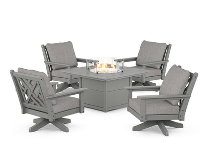 POLYWOOD® Chippendale 5-Piece Deep Seating Swivel Conversation Set with Fire Pit Table in Slate Grey / Grey Mist